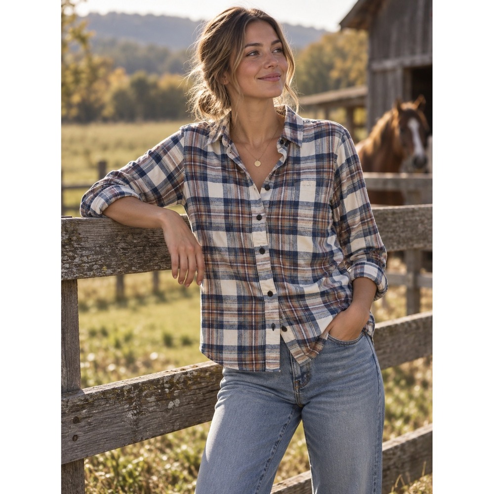 LL Bean Flannel Shirt Womens XS Blue Plaid Relaxed Fit 100% Cotton Long Sleeve